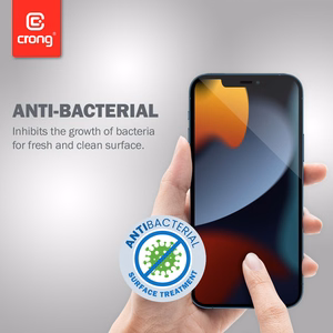 Crong Anti-Bacterial 3D Armor Glass 9H grūdintas apsauginis ekrano stiklas, skirtas iPhone 14 Plus / 13 Pro Max, su montavimo rėmeliu