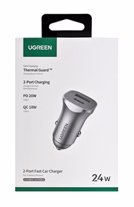 Ugreen USB Type-C / USB 24W Power Delivery Quick Charge automobilio įkroviklis pilkas (30780)