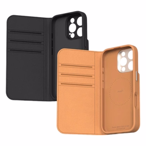 Moshi Overture MagSafe dėklas, skirtas iPhone 16 Pro, su nuimama veganiškos odos pinigine, „Caramel Brown“ spalvos