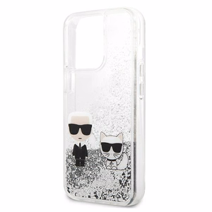 Karl Lagerfeld Skystas blizgučiai Karl&Choupette dėklas telefonui iPhone 13 Pro Max 6.7" - sidabrinis