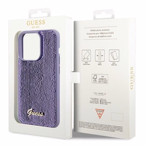 Guess Sequin Script Metal dėklas telefonui iPhone 15 Pro - violetinė