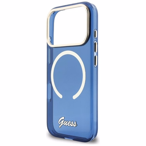 Guess IML Script Metal MagSafe Dėklas for iPhone 17 Pro - mėlynas