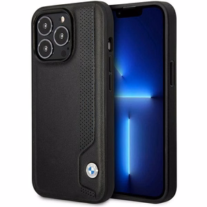 Dėklas telefonui BMW BMHCP14L22RBDK iPhone 14 Pro 6.1 - juodas odinis mėlynas taškų raštas