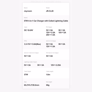 Įkroviklis automobilinis Joyroom (JR-CL20) 4IN1 (2xUSB, 1xUSB-C 1.6M 57W) su lightning laidu juodas