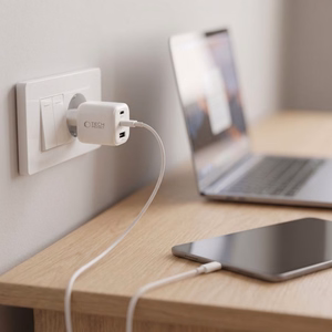 „Tech-Protect NCA100W-GaN“ 3 jungčių 100 W PD 3.2 / QC 3.0 maitinimo adapteris – baltas