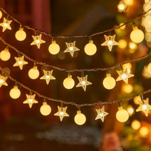 LED girlianda 10M (80 LED lempučių) USB žvaigždės + rutuliukai, šiltai balta