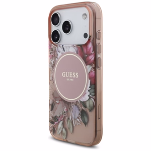 Dėklas Guess IML Flowers Strap MagSafe Apple iPhone 17 Pro rožinis