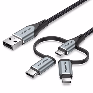Vention USB 2.0 A Male to 3-in-1 Micro-B & USB-C & Lightning Male laidas 1 m, pilkos spalvos aliuminio lydinio tipo