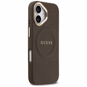 GUESS dėklas telefonui IPHONE 17, suderinamas su MagSafe GUHMP17SPSAMSECW (PU W/ Peony Hot Stamp) rudas