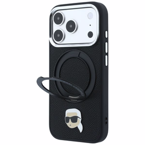 Juodas MagSafe dėklas Karl Lagerfeld su 360° žiediniu stovu ir Karlo galvos emblema, skirtas iPhone 18 Pro Max / 17 Pro Max