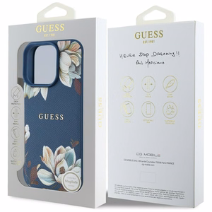 Guess Grained Printed Flower Pattern MagSafe dėklas telefonui iPhone 16 Pro mėlynas