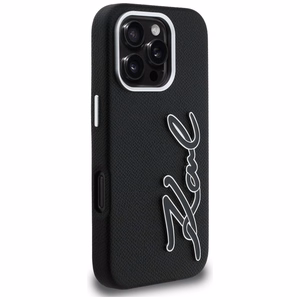 Karl Lagerfeld FW Grained Signature Logo Dėklas iPhone 16 Pro Max - juodas
