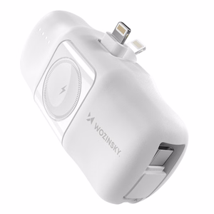 Wozinsky WF16-YLS 5000mAh 15W Lightning mini išorinė baterija su įmontuotu USB-C kabeliu ir Apple Watch įkrovikliu - balta
