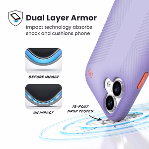 Speck Presidio Lux Grip MagSafe dėklas, skirtas iPhone 17, „Purple Fade / Magic Purple / New Poppy“ spalvos