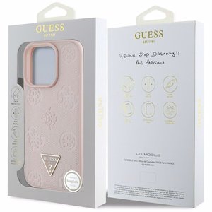 Guess Grained Hot Stamp Peony trikampio logotipo magnetinis dėklas telefonui iPhone 16 Pro - rožinis