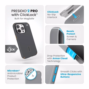 Speck Presidio2 Pro ClickLock MagSafe dėklas, skirtas iPhone 15 Pro, antracito pilkas ir šaltos bronzos spalvos