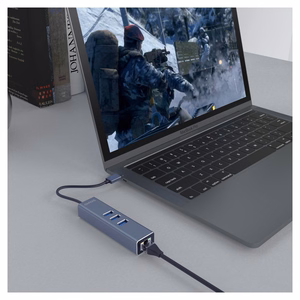 Savio AK-57 USB-A į 3x USB-A šakotuvas su RJ-45 Gigabit Ethernet adapteriu, USB 3.2 Gen 1, juodas/pilkas