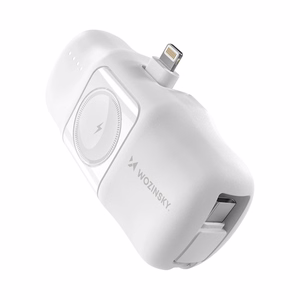Wozinsky WF16-YLS 5000mAh 15W Lightning mini išorinė baterija su įmontuotu USB-C kabeliu ir Apple Watch įkrovikliu - balta