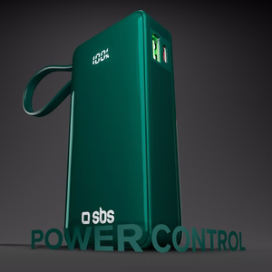 Išorinė baterija SBS 10000 mAh 20W su įmontuotu USB-C kabeliu ir skaitmenine indikacija - žalia
