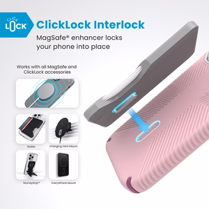 Speck Presidio2 Grip ClickLock & MagSafe dėklas, skirtas iPhone 16 Pro, „Wednesday Pink“ / „Boysenberry Purple“ / baltas