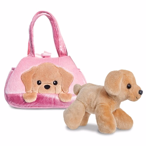 Fancy Pals PeekaBoo ekologiškas pliušinis Labradoro žaislas rožiniame krepšelyje, 20 cm