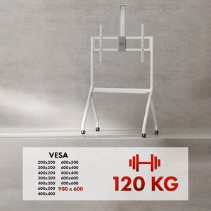 Stovas / vežimėlis televizoriui Maclean, lentynėlė kamerai, su ratukais, 55–100 colių, maks. apkrova 120 kg/10 kg lentynėlė, maks. VESA 900x600, baltas, MC-114 W
