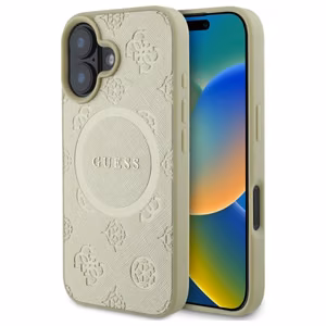 Guess Saffiano bijūno klasikinio logotipo magnetinis dėklas telefonui iPhone 16 - auksinė