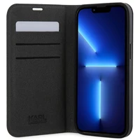 Karl Lagerfeld KLBKP14SSANKCPG iPhone 14 6.1" knygos tipo dėklas sidabrinis Saffiano Karl & Choupette