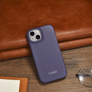 iCarer CE Premium odinis folio dėklas iPhone 14 Plus magnetinis atverčiamas odinis folio dėklas MagSafe tamsiai violetinė