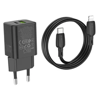 Borofone Sieninis įkroviklis BN14 Royal GaN - USB + Type C - QC 3.0 PD 30W su Type C į Lightning kabeliu juodas