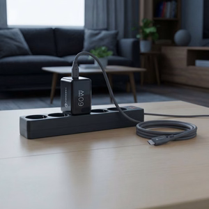 Forcell F-Energy GaN III Crystal Color VT-60 telefono įkroviklis, 2 × USB-C, AVS, SSFC3.0, 60 W, su USB-C–USB-C silikoniniu laidu, juodas