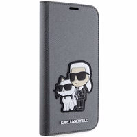 Karl Lagerfeld KLBKP14SSANKCPG iPhone 14 6.1" knygos tipo dėklas sidabrinis Saffiano Karl & Choupette