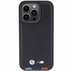 BMW BMHCP15L22PTDK dėklas telefonui iPhone 15 Pro 6.1" juodas/juodas odinis su trispalve emblema