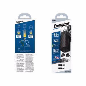 Energizer Ultimate A65MUC GaN kelioninis tinklo įkroviklis su EU / UK / US kištukais, USB-C + USB-A, 65 W PD, su USB-C laidu, juodas