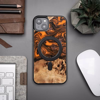 Medinis ir dervos dėklas telefonui iPhone 15 Plus Magnetinis Bewood Unique Orange - oranžinė ir juodas