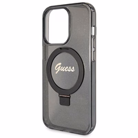 Guess Ring Stand Script Glitter Magnetinis dėklas telefonui iPhone 14 Pro Max - juodas