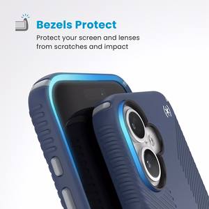 Speck Presidio2 Grip dėklas su MagSafe ir ClickLock, skirtas iPhone 16, „Coastal Blue/Dust Grey“