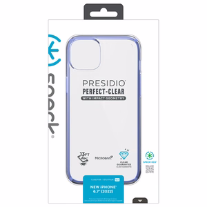 Speck Presidio Perfect-Clear with Impact Geometry case for iPhone 15 Plus / 14 Plus, with Microban antimicrobial protection, Clear / Grounded Purple