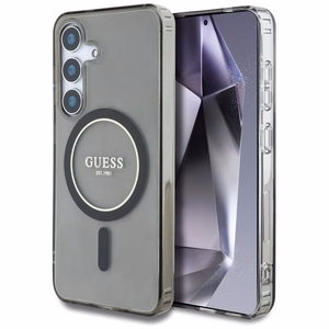 Guess blizgus apskritimo klasikinio logotipo Magnetinis dėklas telefonui Samsung Galaxy S25 juodas