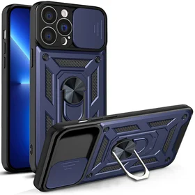 Hybrid Armor Camshield dėklas telefonui iPhone 13 Pro šarvuotas dėklas su kameros dangteliu mėlynas
