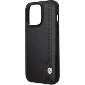 Dėklas telefonui BMW BMHCP14L22RBDK iPhone 14 Pro 6.1 - juodas odinis mėlynas taškų raštas