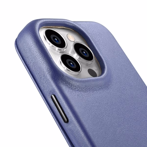 iCarer CE Premium odinis folio dėklas iPhone 14 Pro Max magnetinis atverčiamas odinis folio dėklas MagSafe šviesiai violetinė