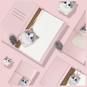 NIMMY rinkinys 2in1 užrašų knygelė + rašiklis BIG EYED PET 2.0 Katė rožinė