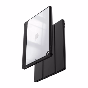 Crong PrimeFolio atverčiamas dėklas, skirtas iPad 10.2" (2019–2021), su atrama ir Apple Pencil laikikliu, juodas ir skaidrus