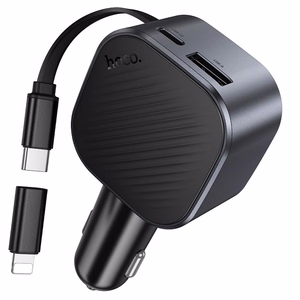 Automobilinis įkroviklis Hoco Z68, USB-A + USB-C, PD QC3.0, 45 W, su ištraukiamu USB-C kabeliu, juodas