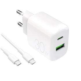 Puro PROLITE 30W USB-A / USB-C sieninis įkroviklis + USB-C - USB-C kabelis 1.2m - baltas