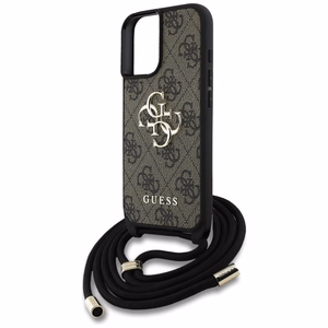 Guess 4G Big Logo Cord Stap dėklas telefonui iPhone 16 Plus - rudas