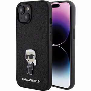 Karl Lagerfeld Fiksuotas blizgučių Ikonik logotipas metalinis kaištis dėklas iPhone 15 - juoda