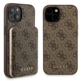 Guess 4G Metal Logo dėklas telefonui rinkinys iPhone 15 + 5000mAh Magnetinė išorinė baterija - ruda