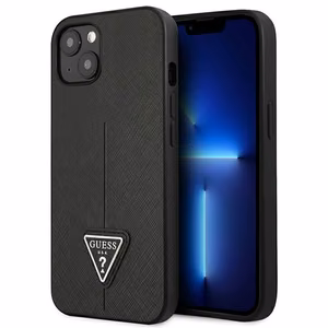 Guess GUHCP13SPSATLK iPhone 13 mini 5.4 dėklas telefonui, juodas, kietas, Saffiano trikampio logotipu